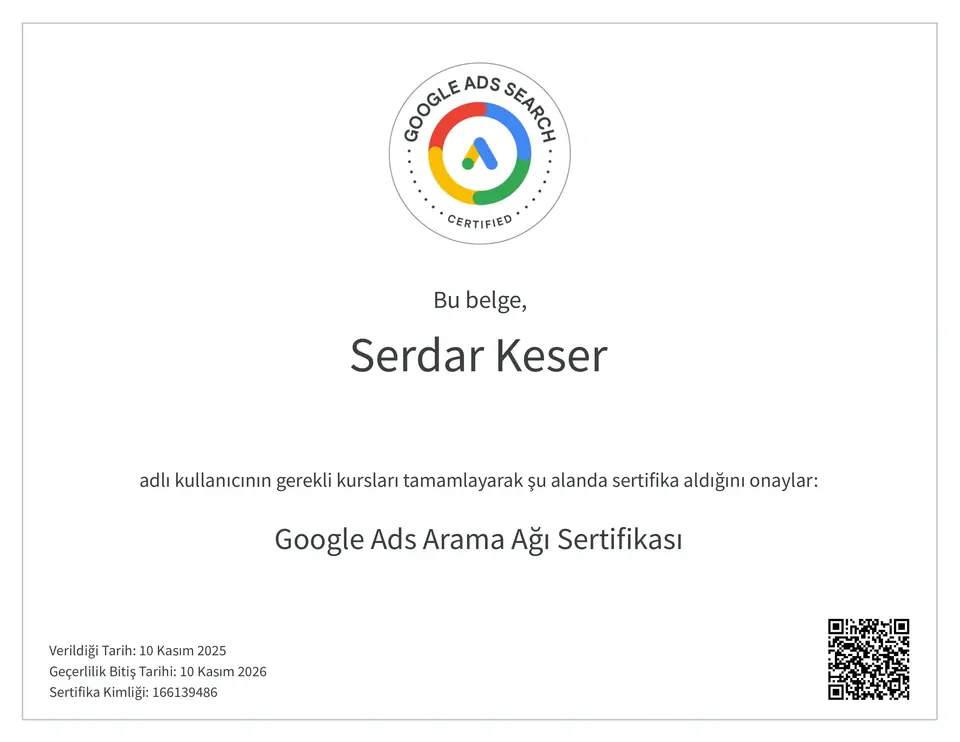 Serdar Keser Google Ads Arama Ağı Sertifikası