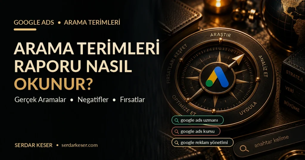 Google Ads arama terimleri raporunu, gerçek kullanıcı sorgularını, negatif kelimeleri ve yeni fırsatları anlatan premium editoryal görsel