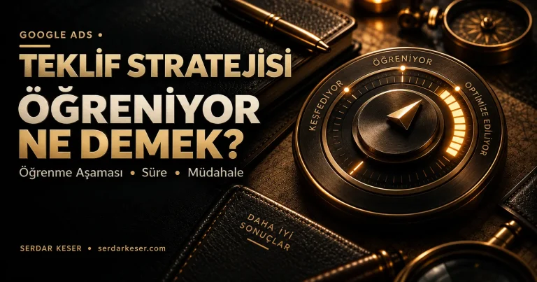 Google Ads Öğreniyor durumunu ve teklif stratejisinin öğrenme aşamasını simgeleyen premium editoryal görsel