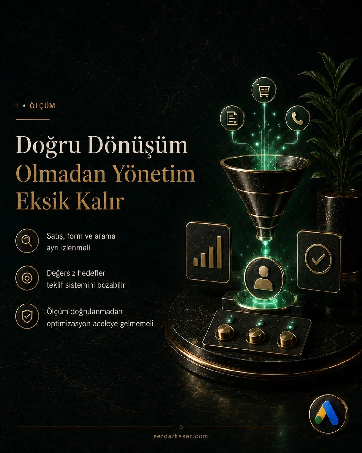 Google Ads Yönetimi Nasıl Yapılır? İşletmeler İçin Profesyonel Reklam Yönetimi Rehberi 2 Google Ads yönetiminde satış form ve arama dönüşümlerinin ayrı ölçülmesini anlatan premium görsel