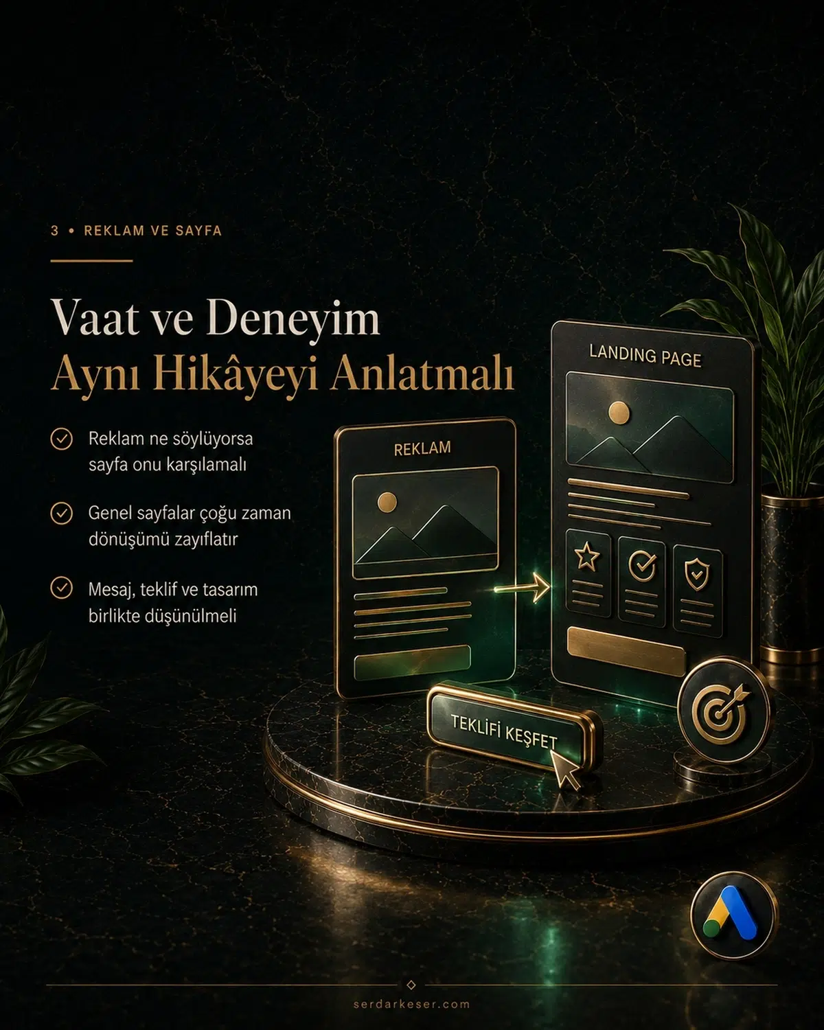 Google Ads Yönetimi Nasıl Yapılır? İşletmeler İçin Profesyonel Reklam Yönetimi Rehberi 5 Google Ads reklam vaadi ile açılış sayfası deneyiminin uyumunu anlatan premium görsel
